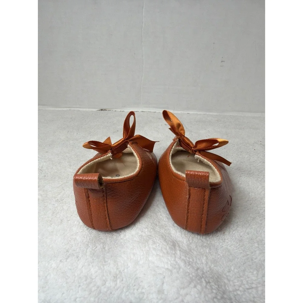 Lucky Brand Crib Shoes Girls Size 2 Cognac Brown Satin Bow Mary Jane Soft Sole
